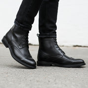 model-walking-street - Men's Handmade Black Leather Wingtip Brogue Ankle Boots