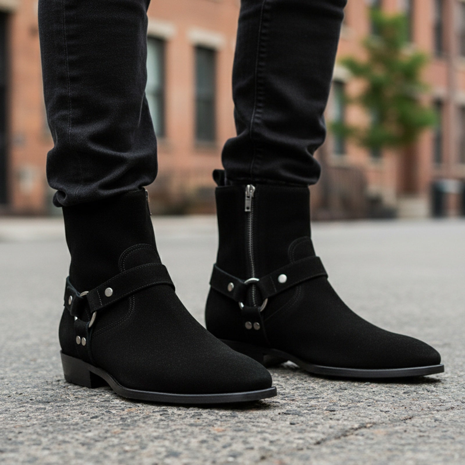 model-walking-street - Men's Handmade Black Suede Biker Ankle Boots with Side Zipper