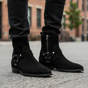 model-walking-street - Men's Handmade Black Suede Biker Ankle Boots with Side Zipper