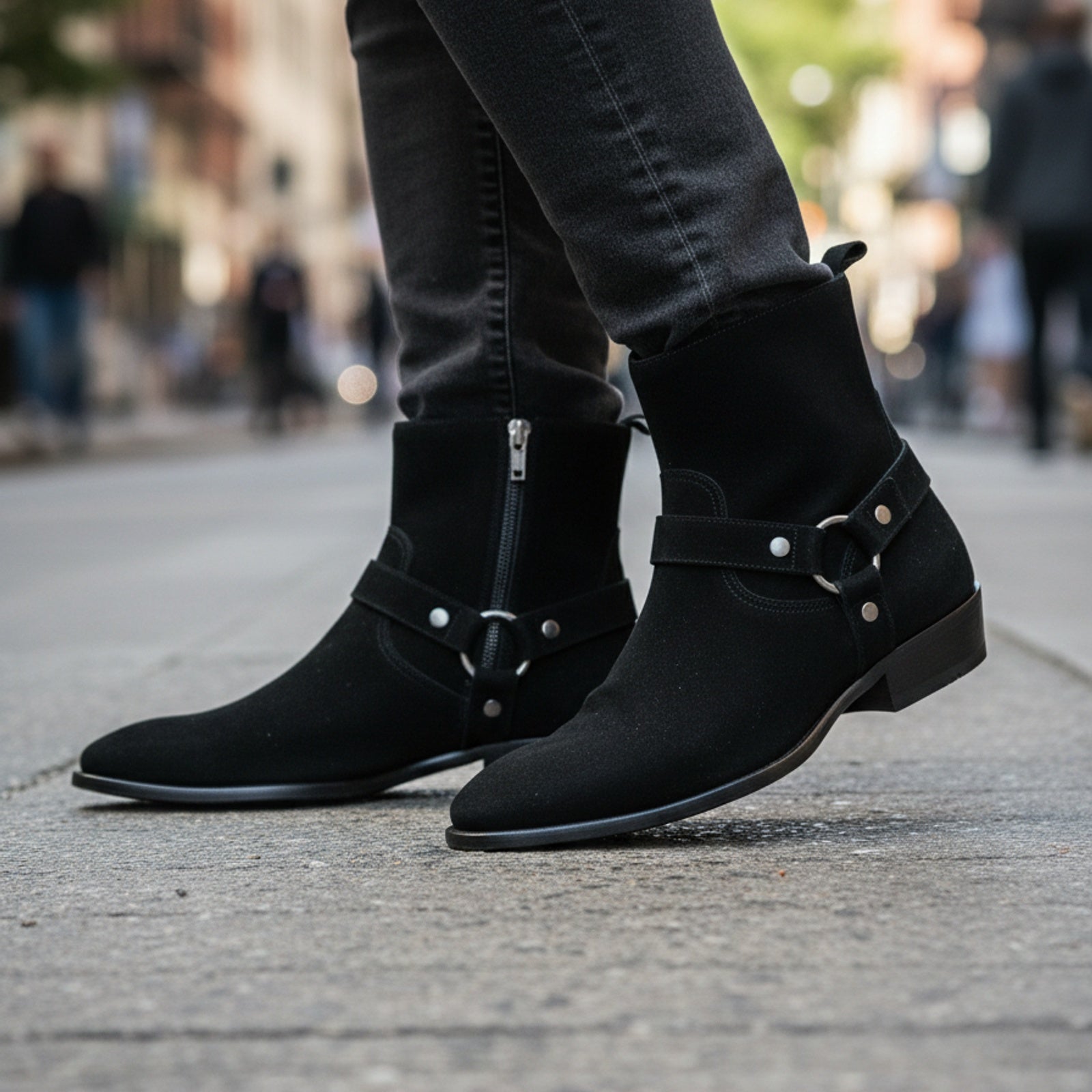 model-walking-street - Men's Handmade Black Suede Biker Ankle Boots with Side Zipper