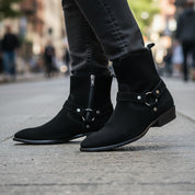 model-walking-street - Men's Handmade Black Suede Biker Ankle Boots with Side Zipper