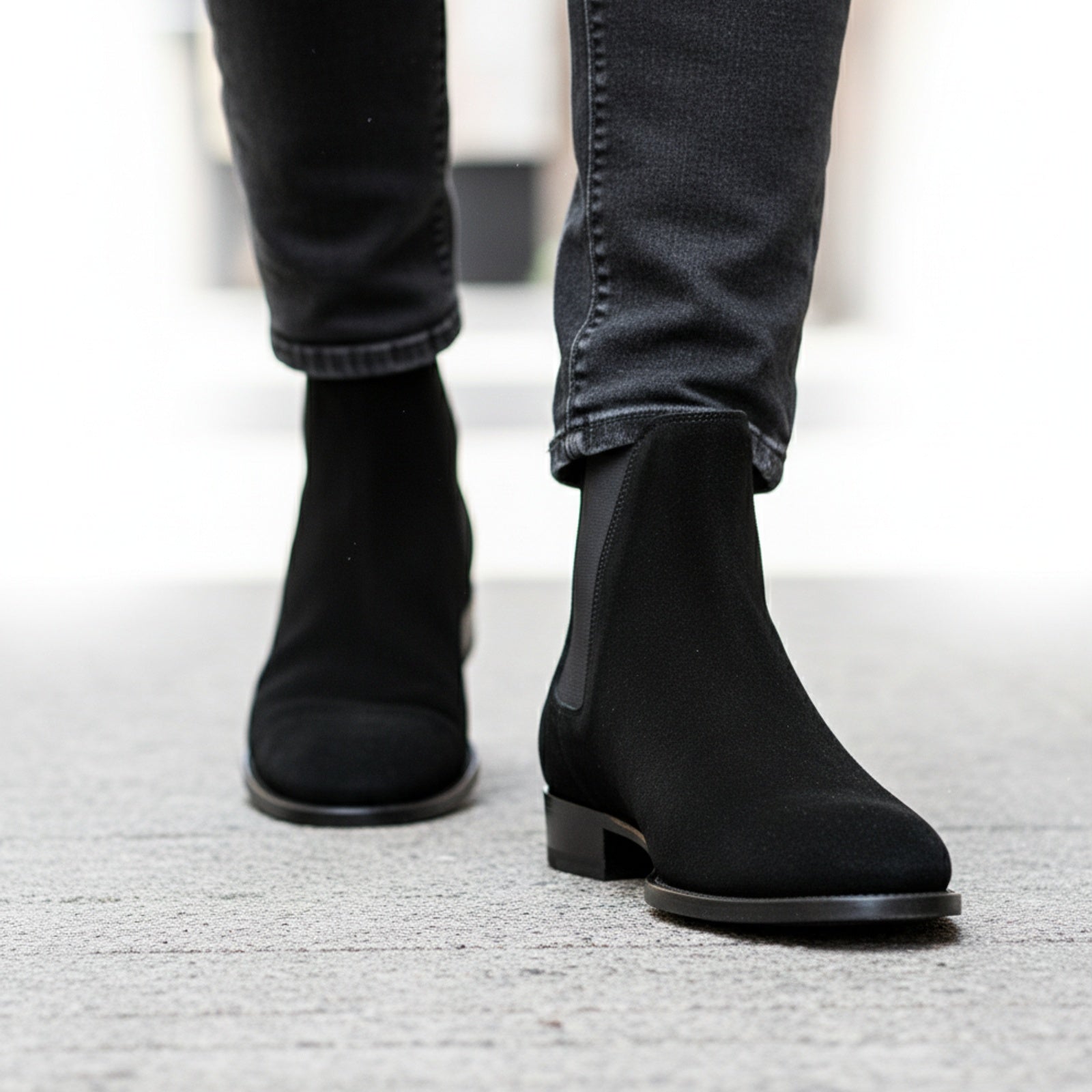 model-walking-street - Men's Handmade Black Suede Chelsea Boots – Customizable Options