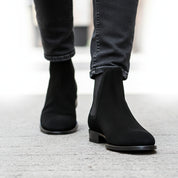 model-walking-street - Men's Handmade Black Suede Chelsea Boots – Customizable Options