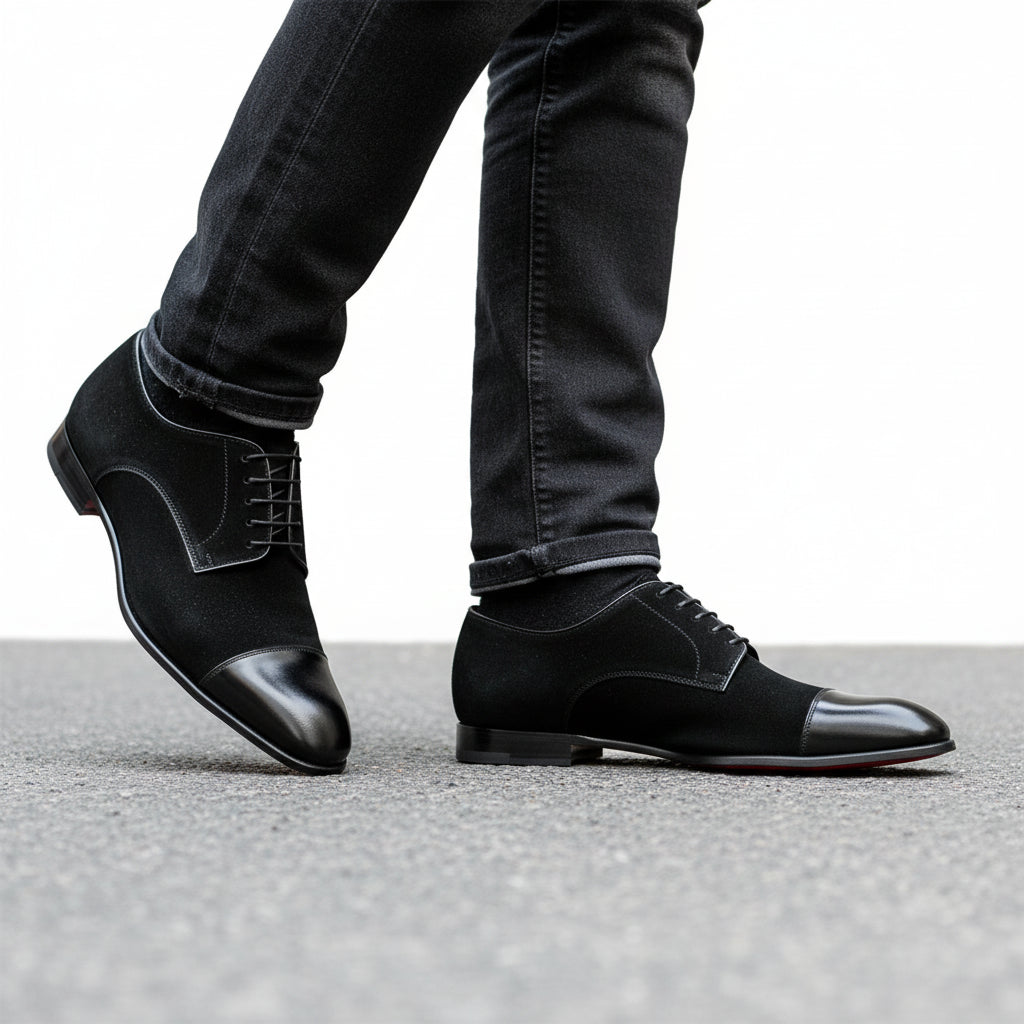 model-walking-street - Men's Handmade Black Suede & Leather Formal Shoes