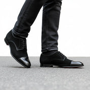 model-walking-street - Men's Handmade Black Suede & Leather Formal Shoes