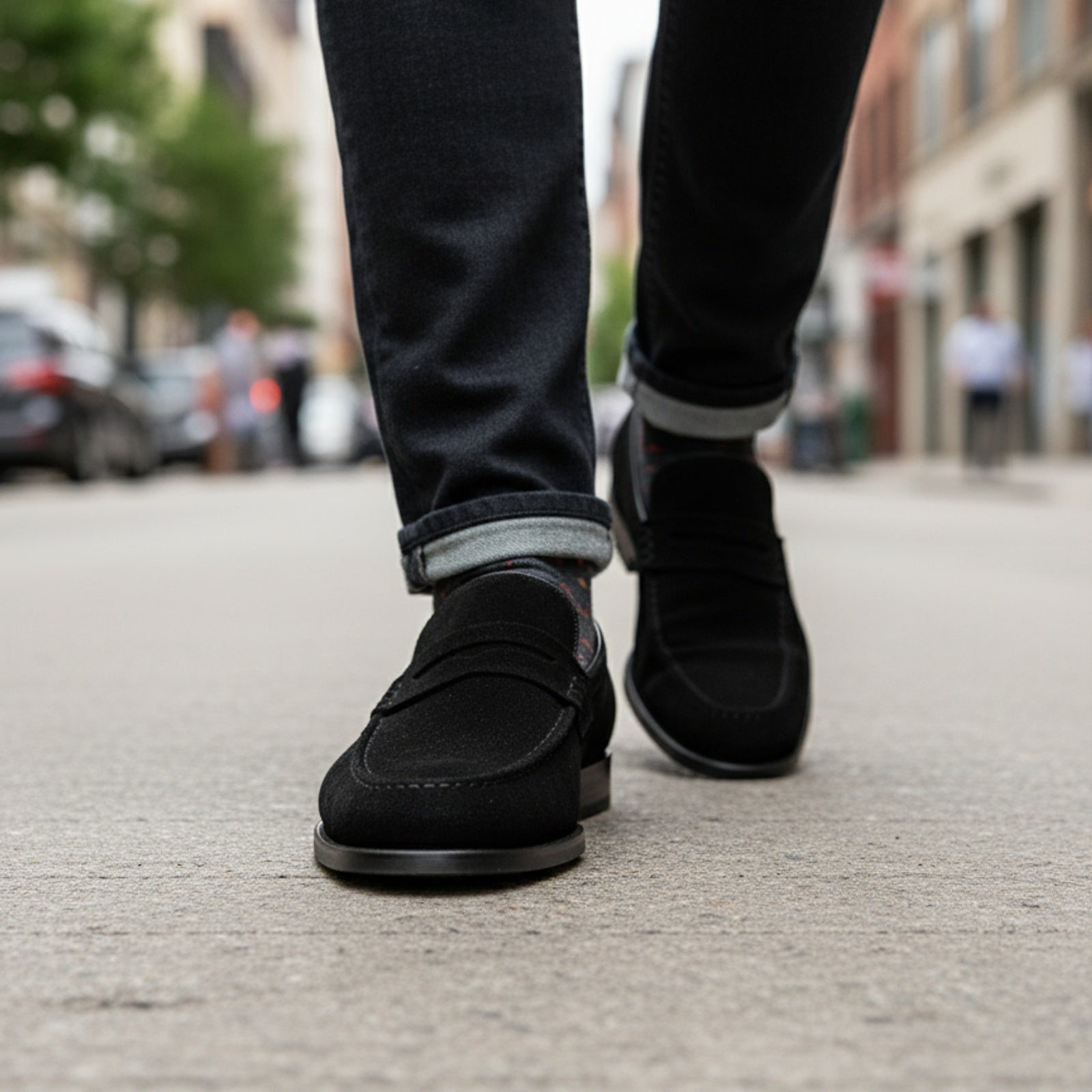 model-walking-street - Men's Handmade Black Suede Moccasins with Slip-On Design