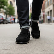 model-walking-street - Men's Handmade Black Suede Moccasins with Slip-On Design