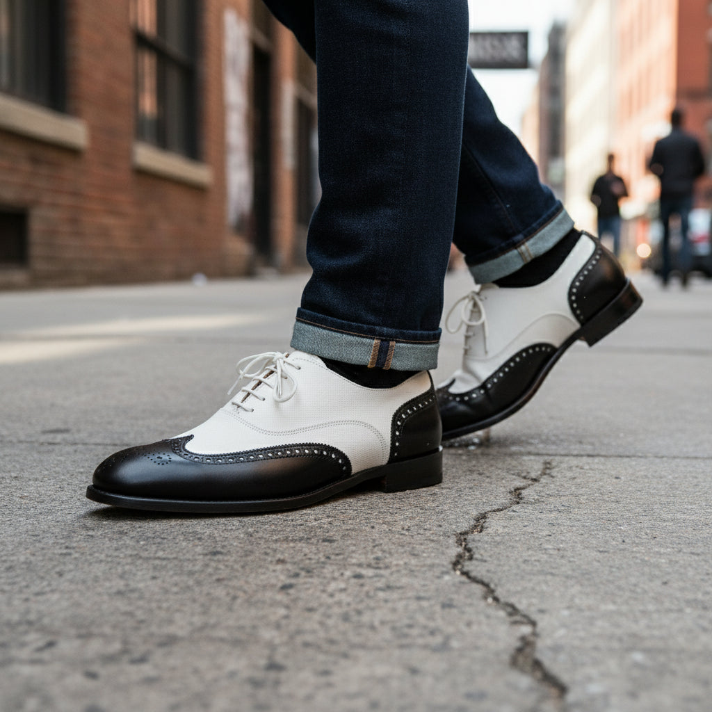 model-walking-street - Men's Handmade Black & White Leather Wingtip Dress Shoes