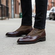 model-walking-street - Men's Handmade Brown Leather Button Boots with Premium Fit