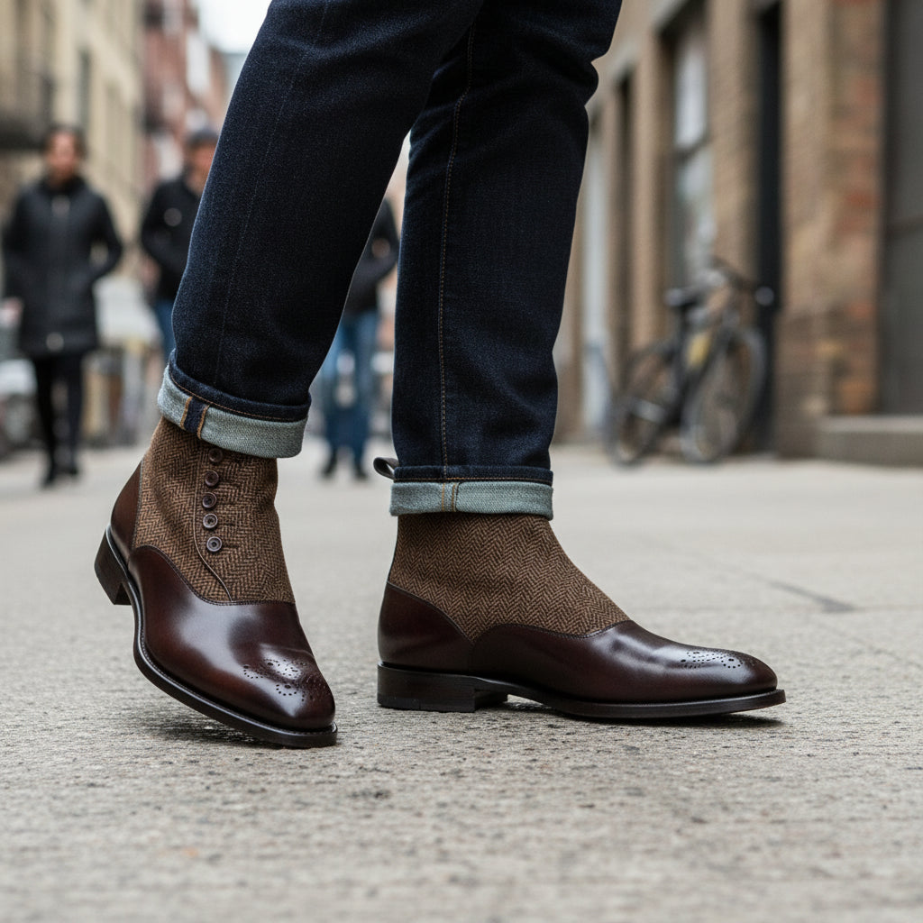 model-walking-street - Men's Handmade Brown Leather Button Boots with Premium Fit