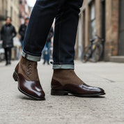 model-walking-street - Men's Handmade Brown Leather Button Boots with Premium Fit