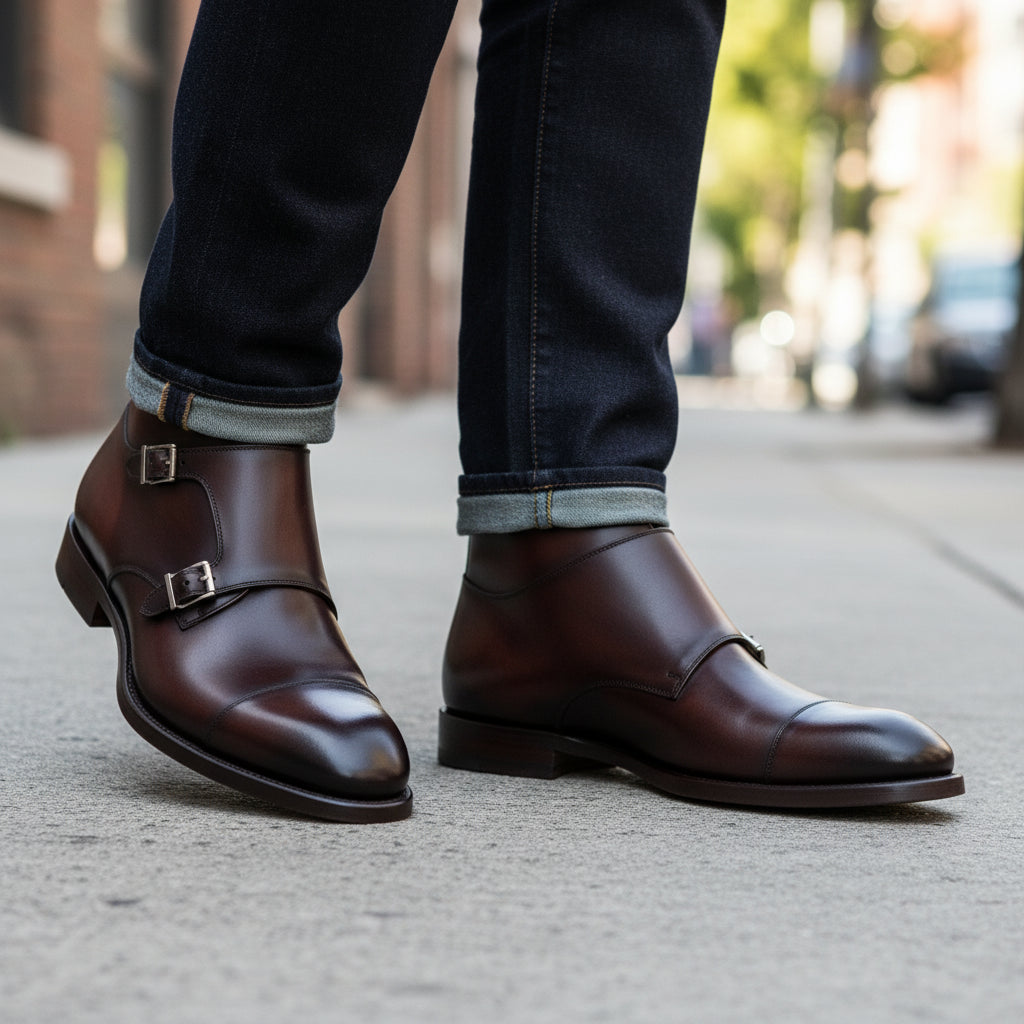 model-walking-street - Men's Handmade Brown Leather Double Monk Strap Boots