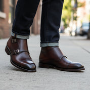 model-walking-street - Men's Handmade Brown Leather Double Monk Strap Boots