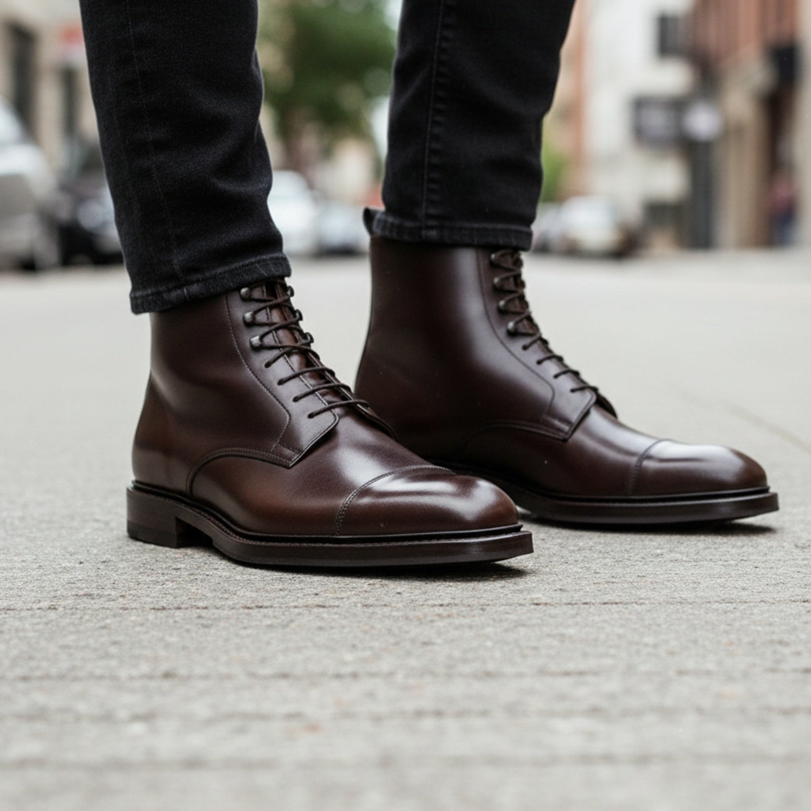 model-walking-street - Men's Handmade Brown Leather Lace-Up Ankle Boots with Premium Craftsmanship