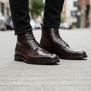 model-walking-street - Men's Handmade Brown Leather Lace-Up Ankle Boots with Premium Craftsmanship