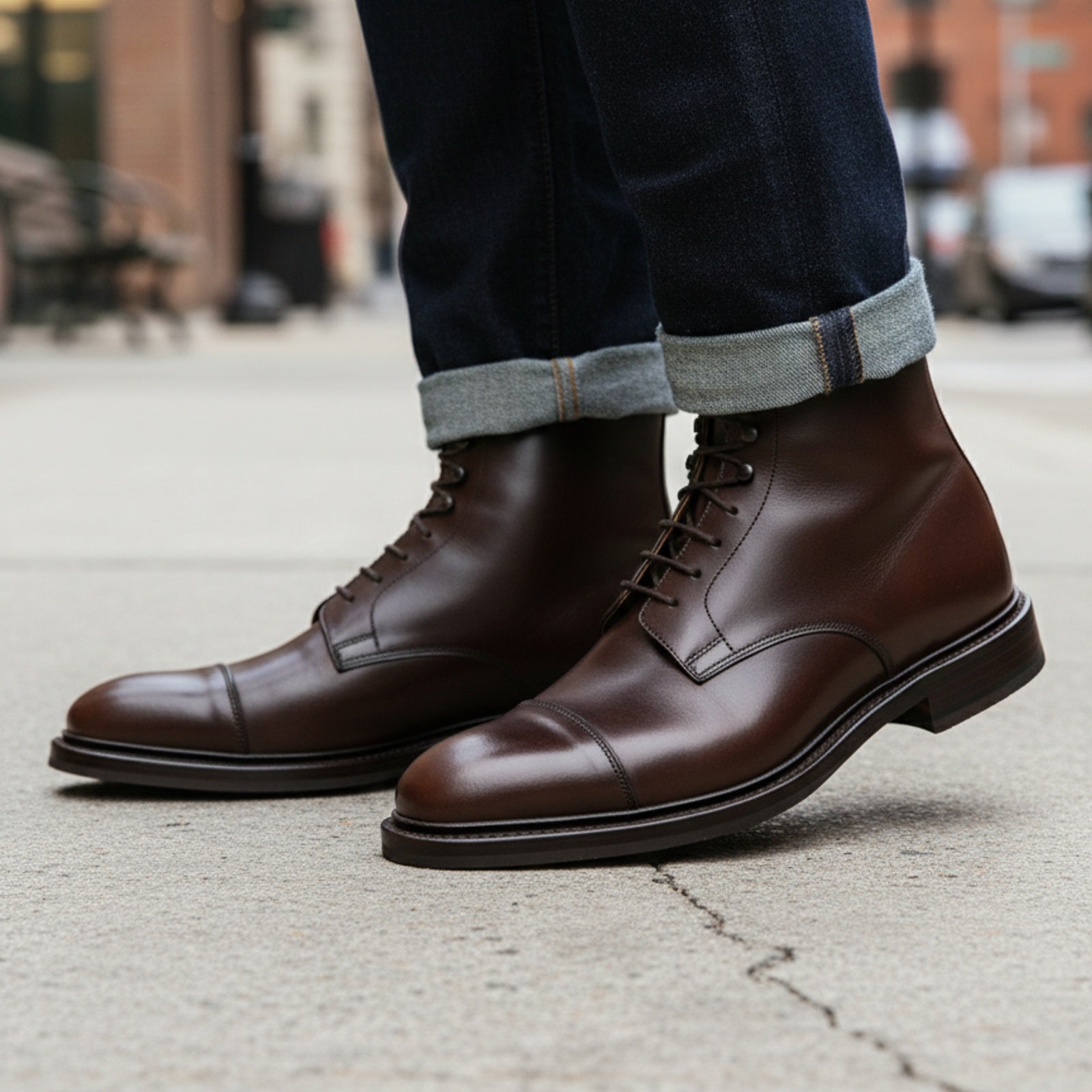 model-walking-street - Men's Handmade Brown Leather Lace-Up Ankle Boots with Premium Craftsmanship