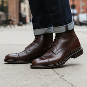 model-walking-street - Men's Handmade Brown Leather Lace-Up Ankle Boots with Premium Craftsmanship