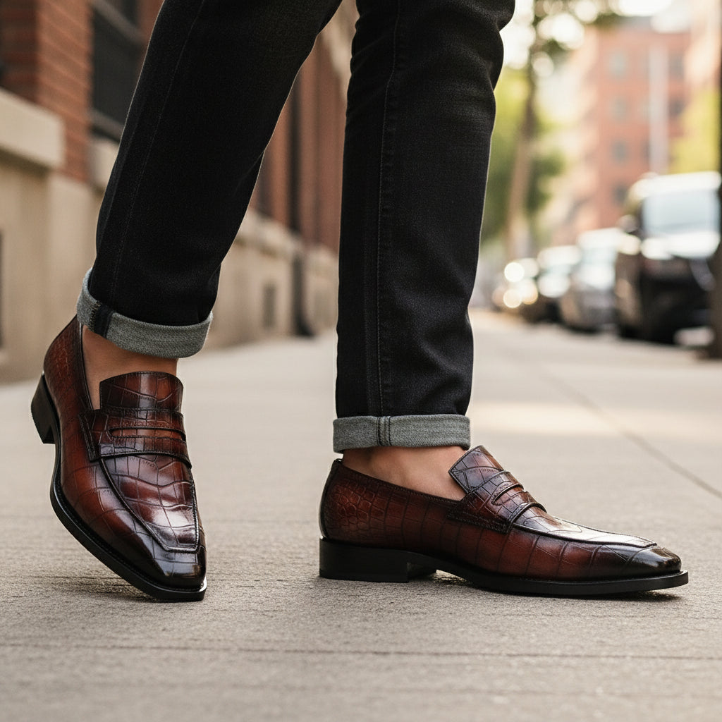model-walking-street - Men's Handmade Burgundy Alligator Pattern Leather Moccasins