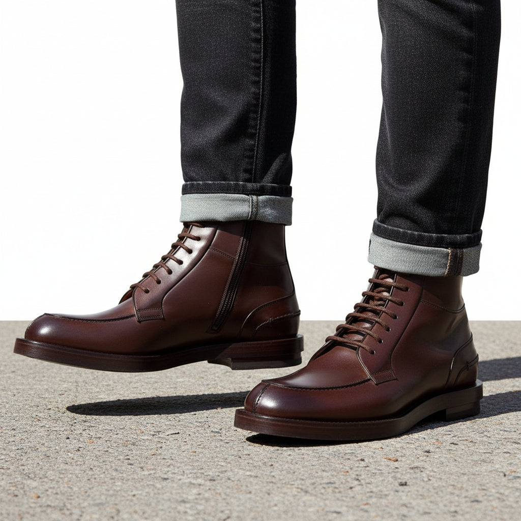 model-walking-street - Men's Handmade Dark Brown Leather Lace-Up Ankle Boot with Welted Sole