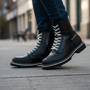 model-walking-street - Men's Hexagon-Patterned Leather Motorcycle Boots