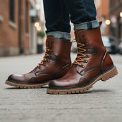 model-walking-street - Men's High Ankle Lace-Up Leather Boots