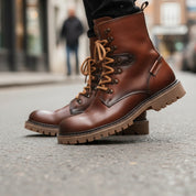 model-walking-street - Men's High Ankle Lace-Up Leather Boots