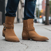 model-walking-street - Men's High Ankle Suede Biker Boots