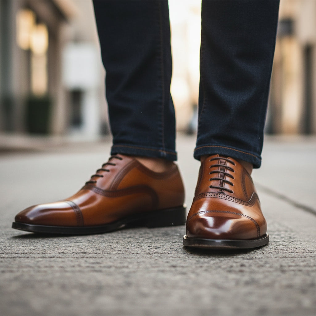 Men's Black Leather Oxford Dress Shoes - model-walking-street