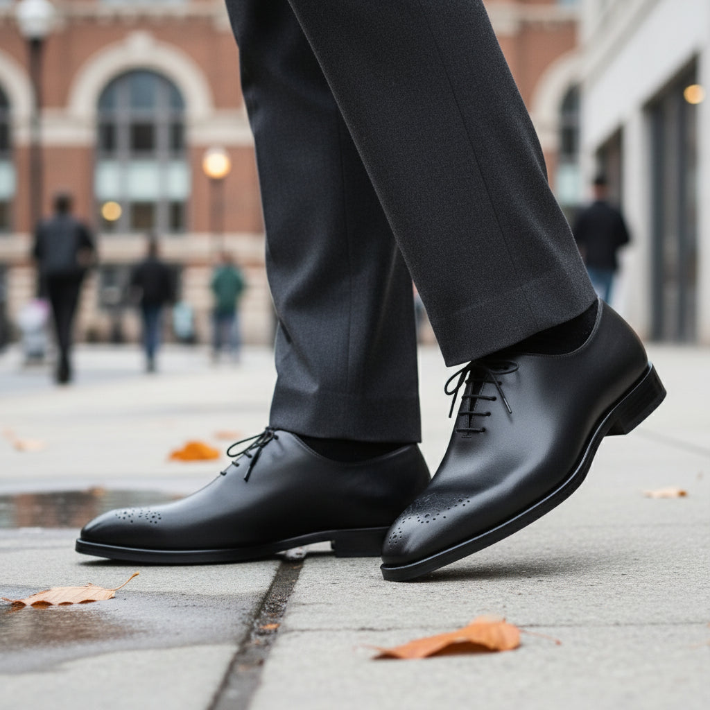 Men's Black Leather Brogue Oxford Shoes - model-walking-street