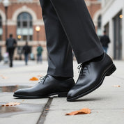 Men's Black Leather Brogue Oxford Shoes - model-walking-street