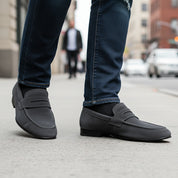model-walking-street - Men's Leather & Suede Moccasin Loafers