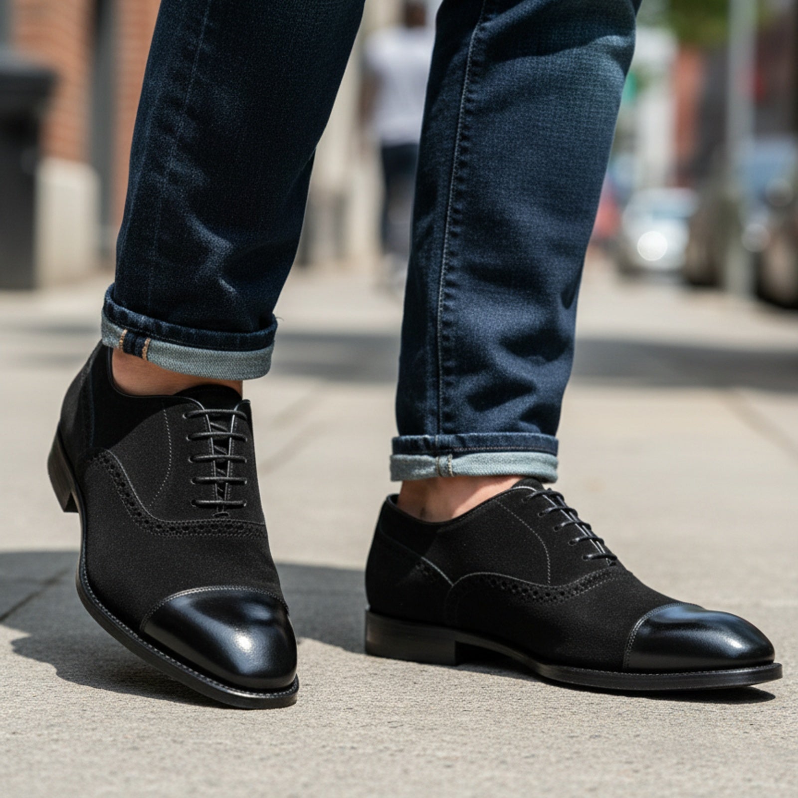 model-walking-street - Men's Leather & Suede Oxford Shoes