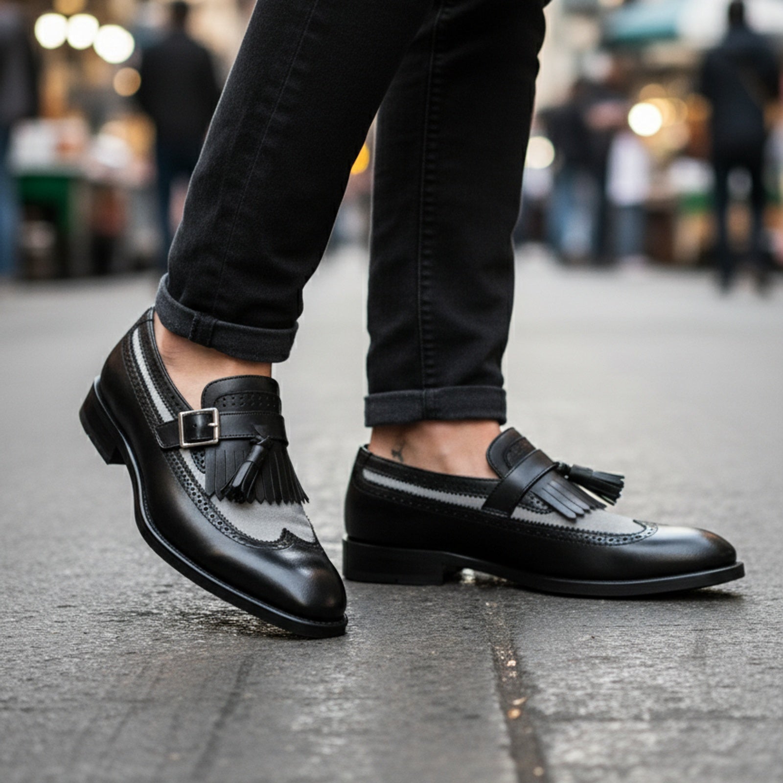 model-walking-street - Men's Leather & Suede Spectator Wingtip Dress Shoes