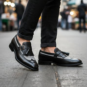 model-walking-street - Men's Leather & Suede Spectator Wingtip Dress Shoes