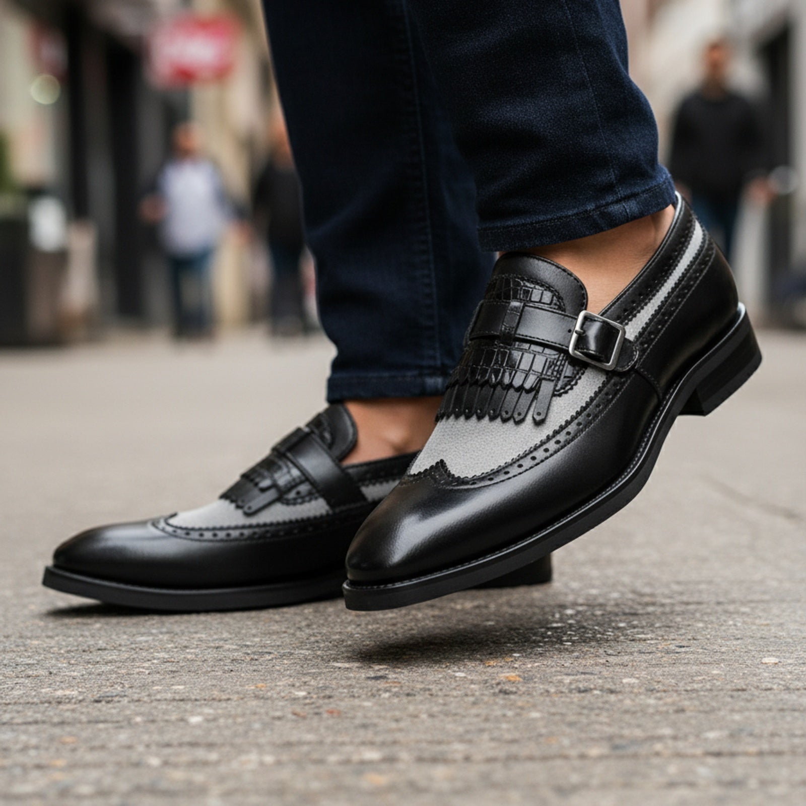 Men's Leather & Suede Spectator Wingtip Dress Shoes - model-walking-street
