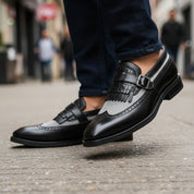 Men's Leather & Suede Spectator Wingtip Dress Shoes - model-walking-street