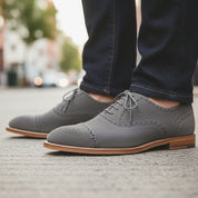 Men's Light Gray Suede Brogue Dress Shoes - model-walking-street