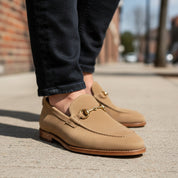 model-walking-street - Men's Light Gray Suede Moccasin Shoes