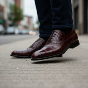 model-walking-street - Men's Maroon Leather Dress Shoes