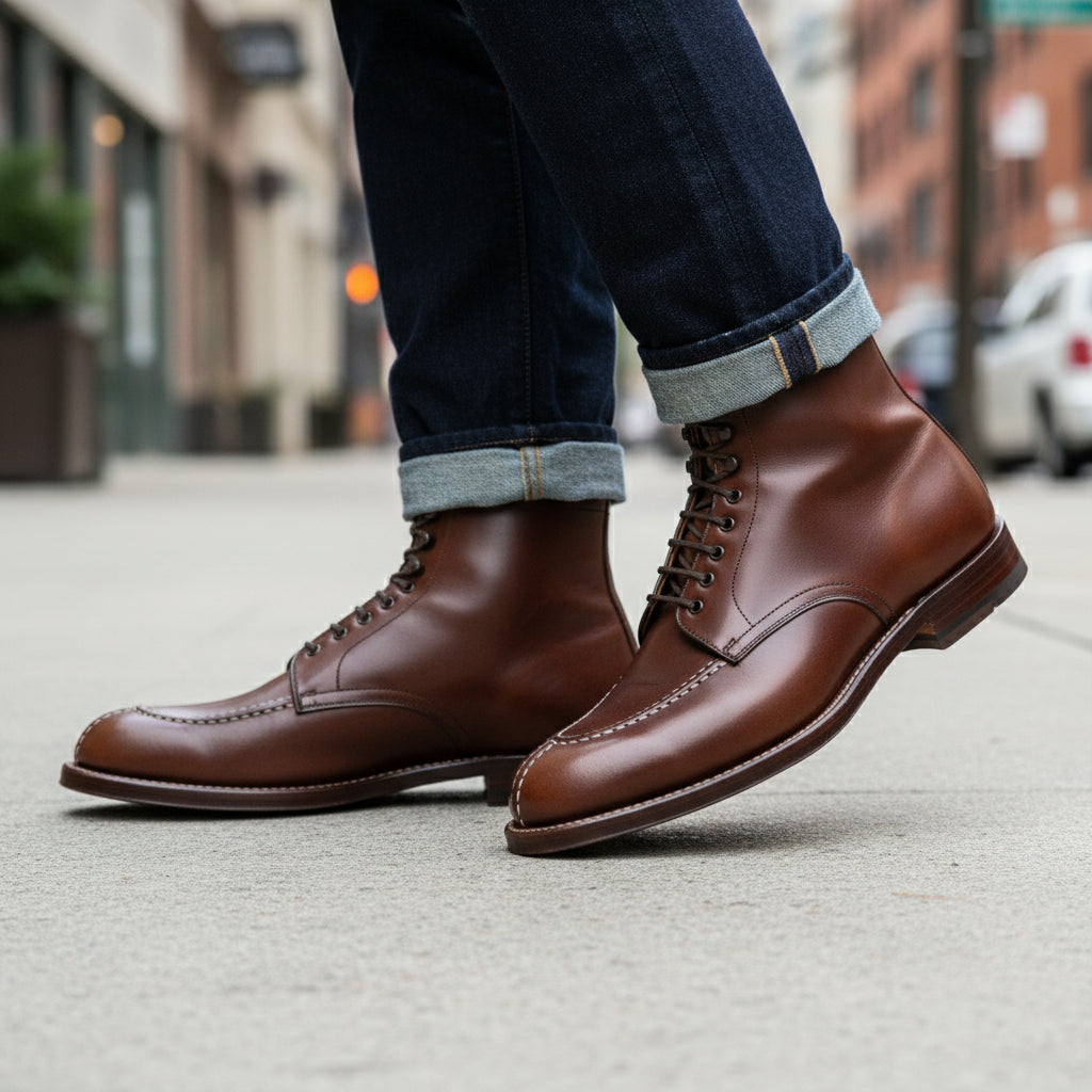 model-walking-street - Men's Maroon Leather Lace-Up Ankle Dress Boots