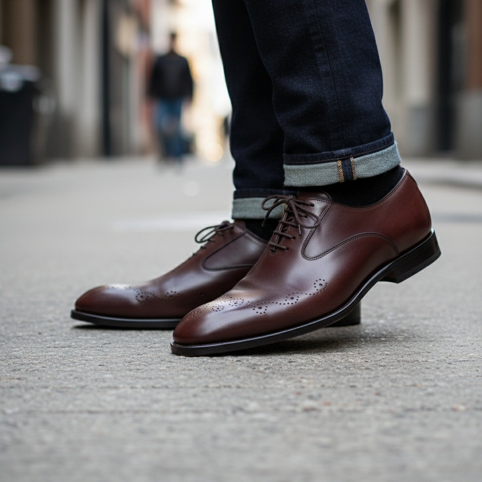 Men's Maroon Leather Oxford Dress Shoes - model-walking-street