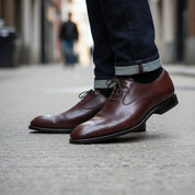 Men's Maroon Leather Oxford Dress Shoes - model-walking-street