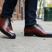 Men's Maroon Leather Oxfords Dress Shoes - model-walking-street