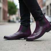 model-walking-street - Men's Maroon Leather Wingtip Brogue Ankle Boots