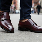 model-walking-street - Men's Maroon Monk Strap Leather Shoes
