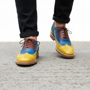 model-walking-street - Men's Multi Color Leather Brogue Shoes with Lace-Up Closure
