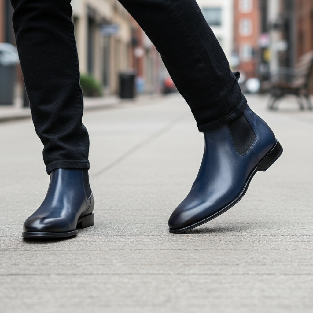 Men's Navy Blue Leather Ankle Chelsea Boots - model-walking-street