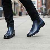 Men's Navy Blue Leather Ankle Chelsea Boots - model-walking-street