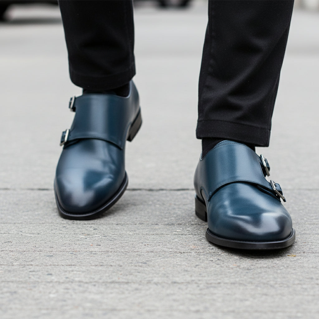 Men's Navy Blue Leather Monk Dress Shoes - model-walking-street