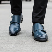 Men's Navy Blue Leather Monk Dress Shoes - model-walking-street
